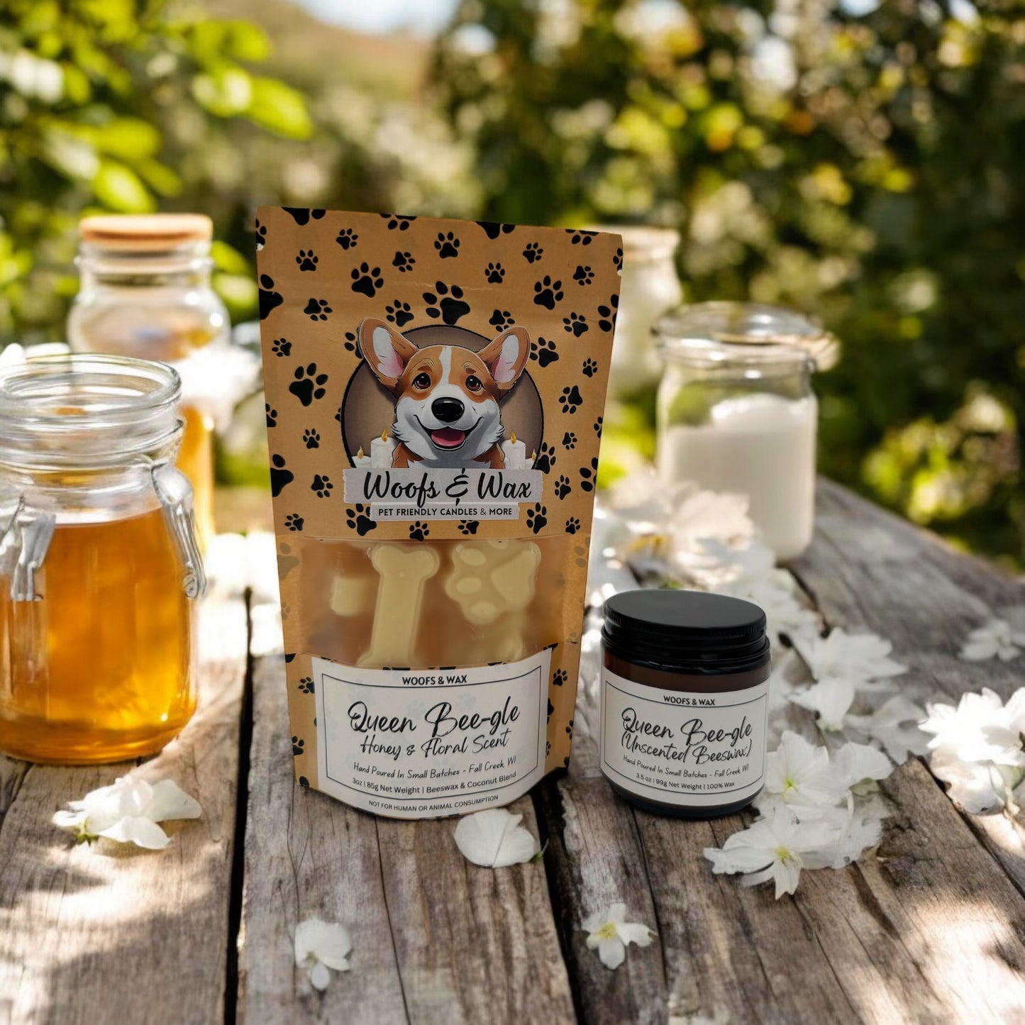 Pet-Safe Queen Bee-gle Candle and Wax Melts, Front of Candle and Melt Packaging
