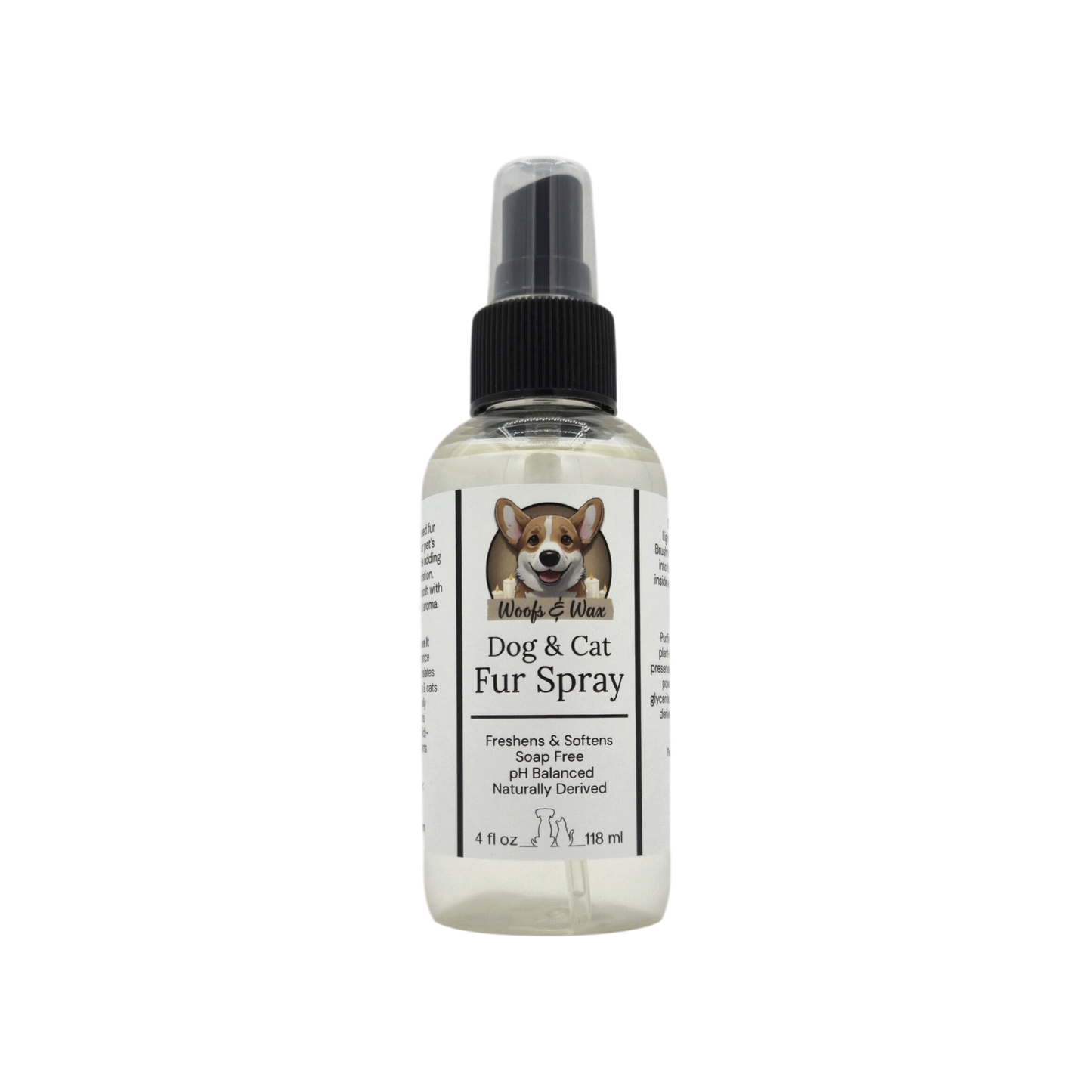 Dog and cat fur spray bottle with a label featuring a corgi on a white background