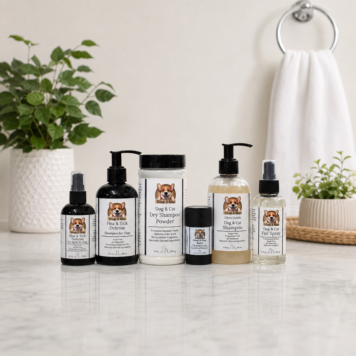 Six pet products lined up on a white marble countertop in a bathroom setting, with a white towel hanging on a ring and potted plants in the background.