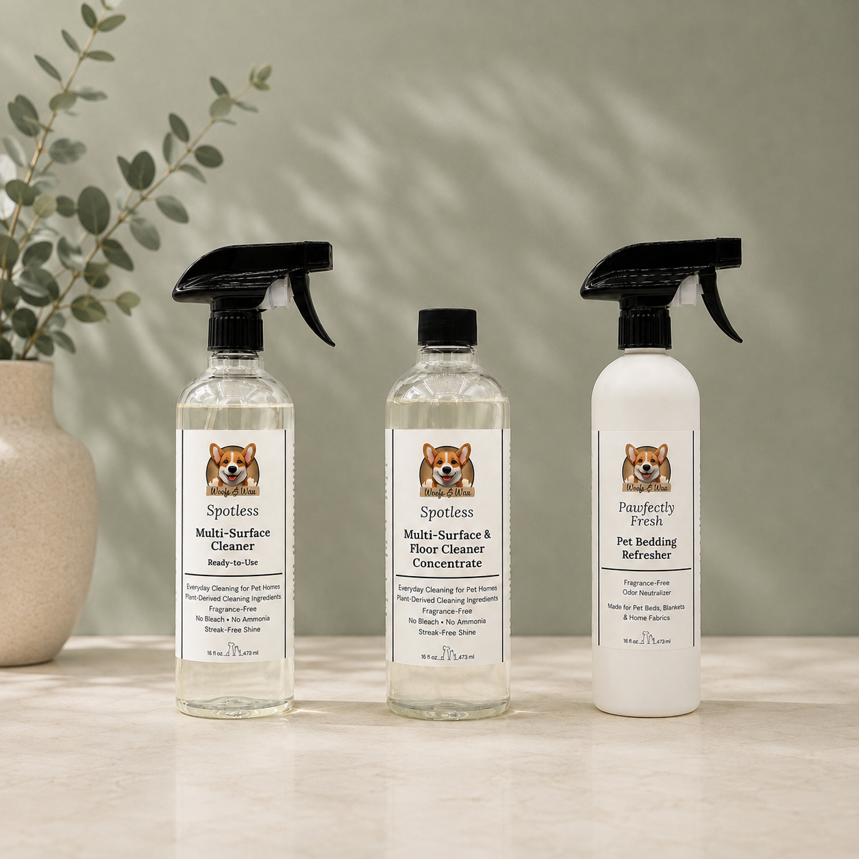 Three clean spray bottles of Spotless and Pawfectly Fresh pet home care products arranged on a light cream surface against a soft sage green background with a plant.