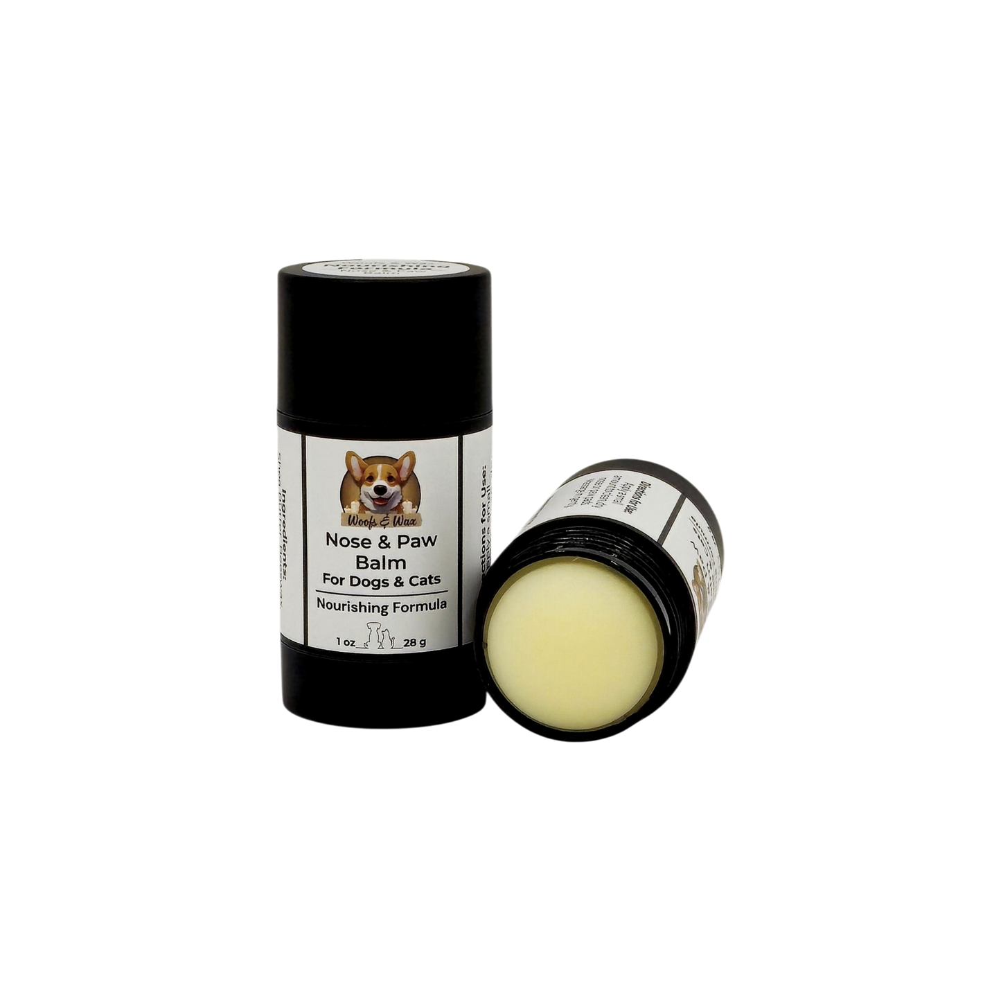 Nose and paw balm for dogs and cats with a black and white label on a white background.