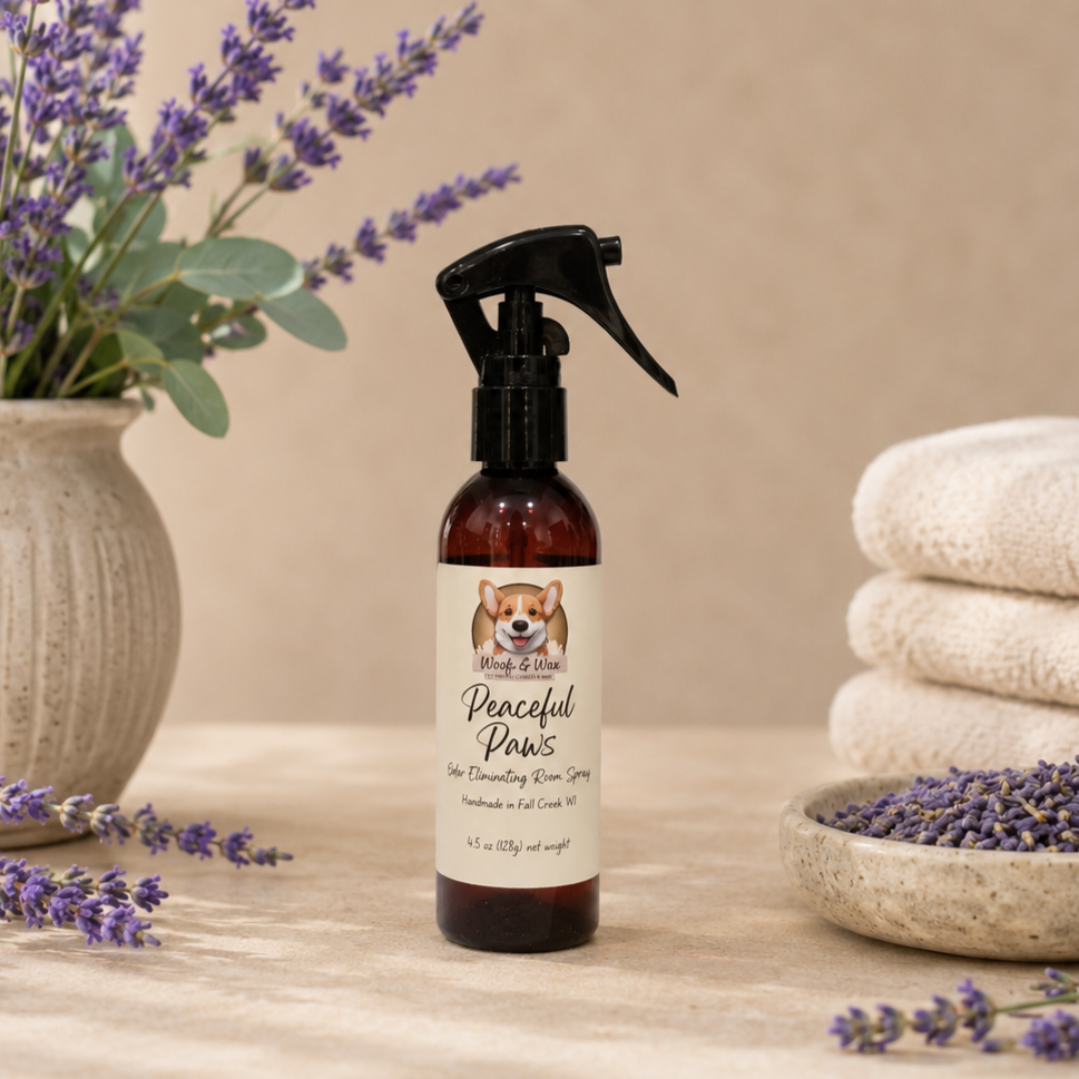 Spray bottle labeled 'Peaceful Paws' with lavender flowers and towels on a wooden surface.