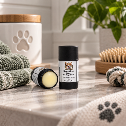 A pet nose and paw balm stick and its opened jar are displayed on a marble countertop with grooming props like a towel, brush, and plant in the background.