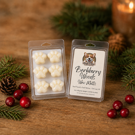 Barkberry Woods wax melts packaging with Christmas decorations on a wooden surface