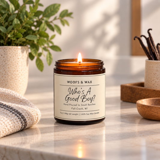 A lit amber glass jar candle sits on a marble countertop in a warm, styled kitchen or bathroom setting. The candle has a cream label with black text that reads 'WOOFS & WAX Who's A Good Boy?'.