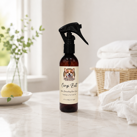 Bottle of 'Corgi Butt' room spray on a table with a lemon and plant in the background.