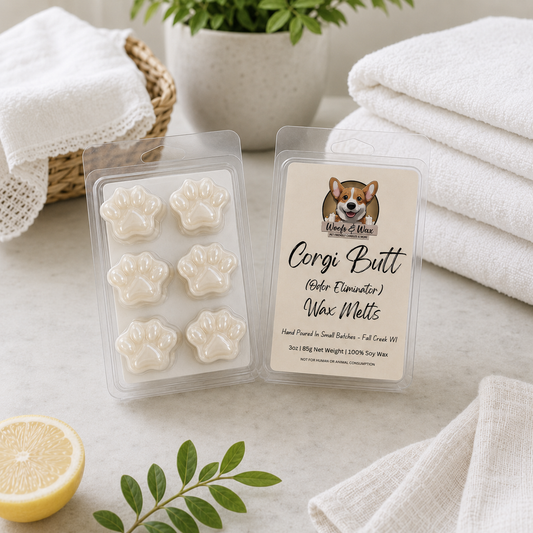 Corgi butt wax melts packaging with a dog illustration on a neutral background