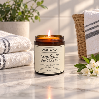 A lit amber glass jar candle labeled 'Woofs & Wax Corgi Butt (Odor Eliminator)' sits on a marble surface with folded white towels, a woven basket, and white flowers in the background.