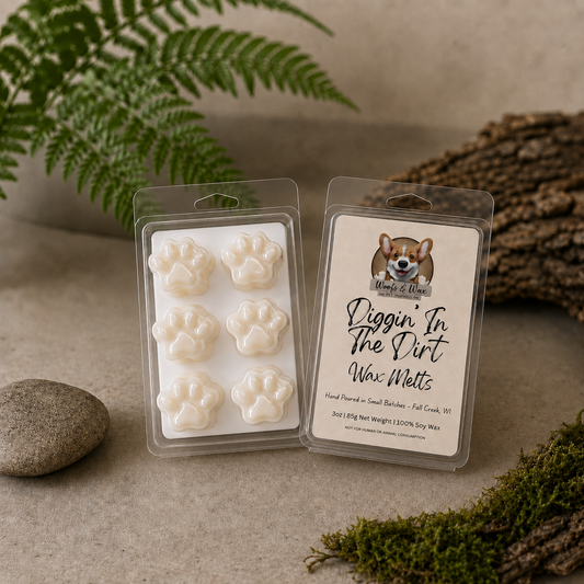Two packages of 'Diggin' In The Dirt' wax melts with paw prints on a natural background.