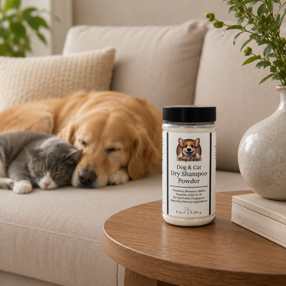 Dog and cat dry shampoo powder on a table with a dog and cat lying on a couch in the background.