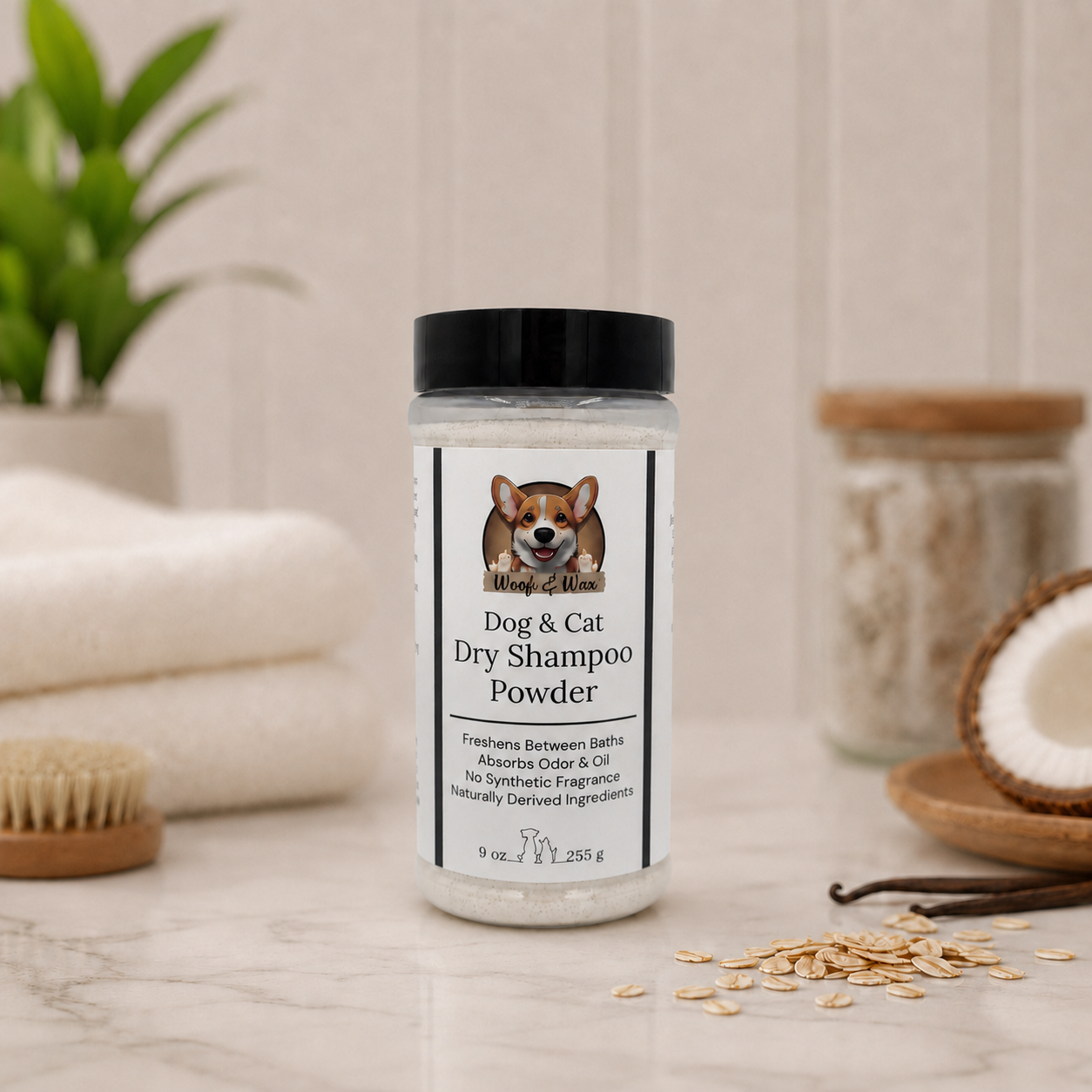 Dog and cat dry shampoo powder jar on a wooden surface with a plant and coconut in the background.