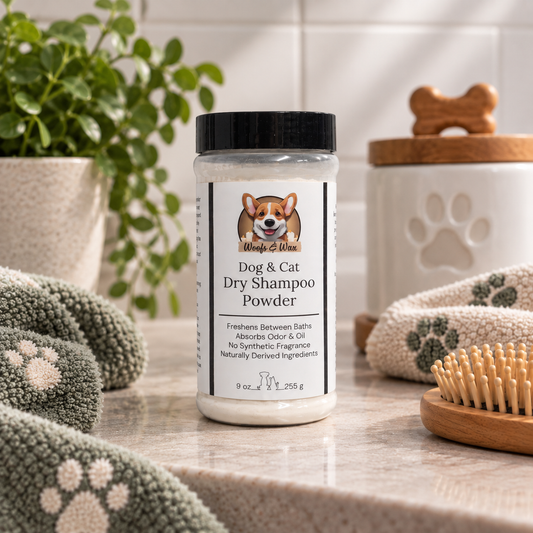 A bottle of Dog & Cat Dry Shampoo Powder by Woofs & Wax sits on a marble countertop in a bathroom setting, surrounded by a green plant, a paw-print towel, a wooden toothbrush holder, and a ceramic container.