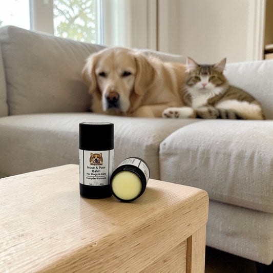 Dog and cat on a couch with nose and paw balm on a coffee table