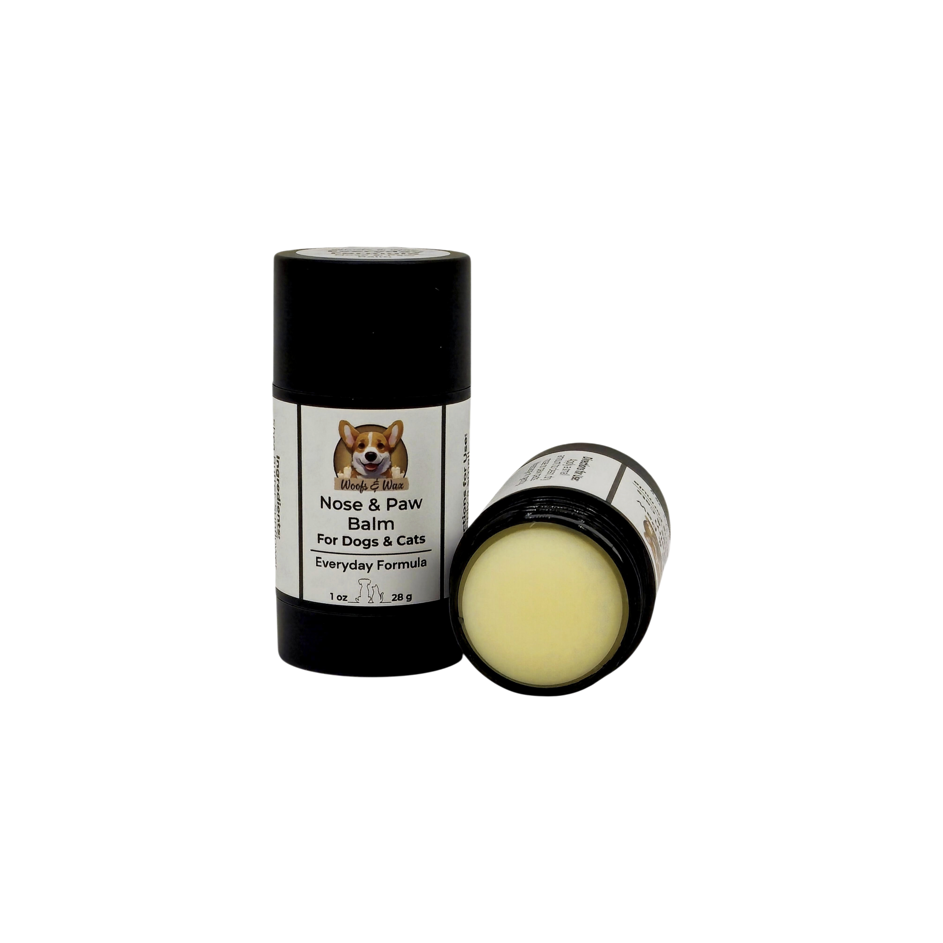 Dog and cat nose and paw balm with black container and white label on a white background