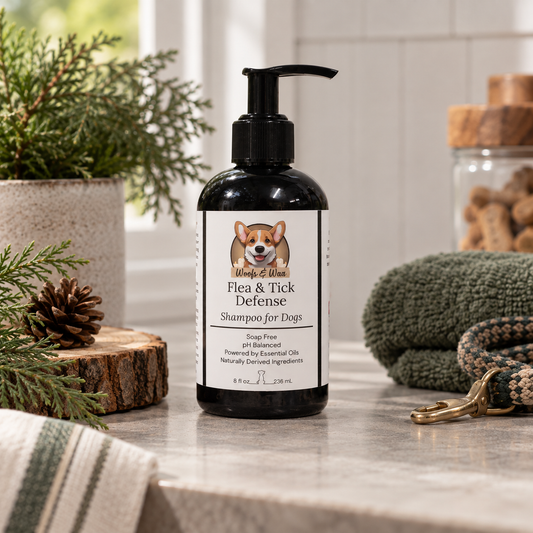 A bottle of Woofs & Wax Flea & Tick Defense Shampoo for Dogs stands on a countertop in a styled home setting with a plant, pinecone, folded towels, and a leash nearby.