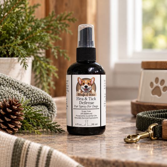 A black bottle labeled "Woofs & Wax Flea & Tick Defense Spray" on a countertop surrounded by woodsy props.
