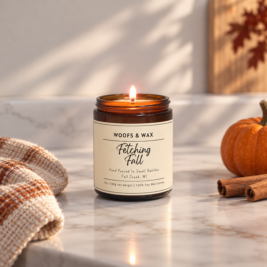 A lit amber glass jar candle labeled 'Woofs & Wax Fetching Fall' sits on a marble surface with autumn props including a small pumpkin, cinnamon sticks, and a folded knit blanket.