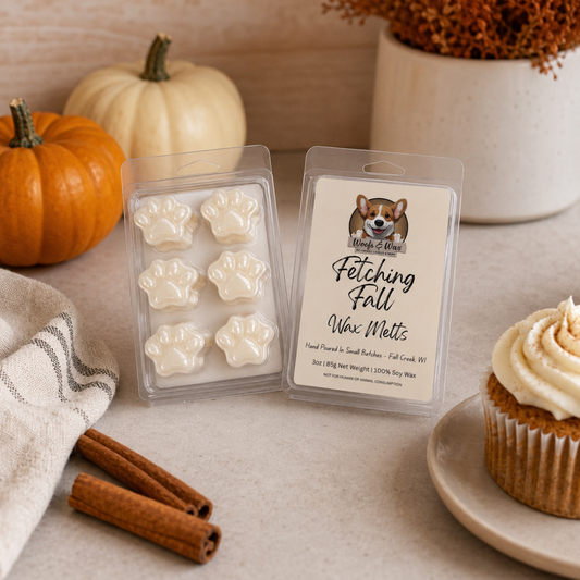 Wax melts with packaging labeled 'Fetching Fall Wax Melts' on a table with pumpkins, cinnamon sticks, and a cupcake.