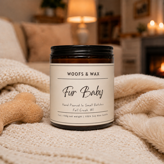 Candle labeled 'Woofs & Wax Fur Baby' on a soft surface with a cozy background