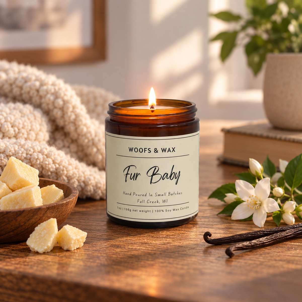 A lit amber glass jar candle labeled 'Fur Baby' by Woofs & Wax sits on a wooden table surrounded by cozy props, including a cream knit blanket, vanilla beans, white flowers, and wax cubes.