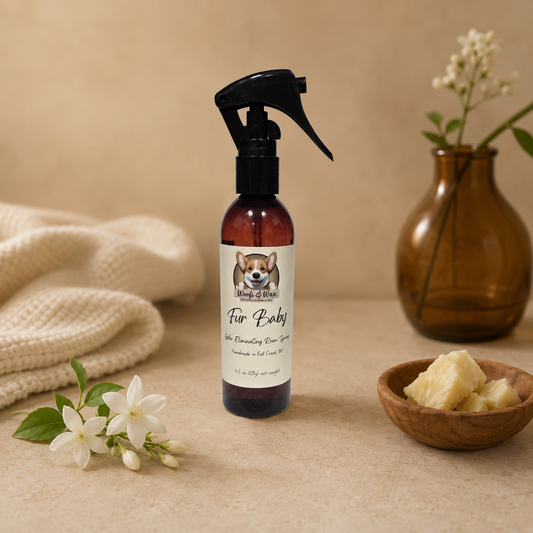 Bottle of 'For Baby' room spray with a dog illustration on a beige background
