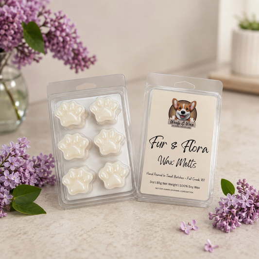 Fur & Flora wax melts packaging with paw-shaped melts and a dog illustration on a light surface with flowers.