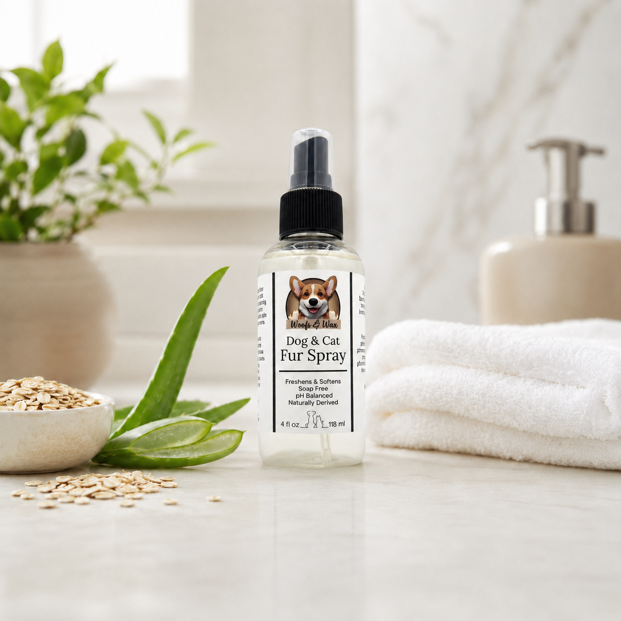 Dog and cat fur spray bottle on a bathroom counter with towels and plants in the background