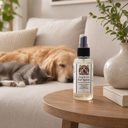 Dog and cat fur spray bottle on a wooden table with a dog and cat lying on a couch in the background.