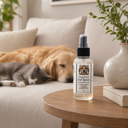 Dog and cat fur spray bottle on a wooden table with a dog and cat lying on a couch in the background.