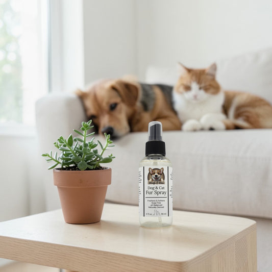 Dog and cat fur spray bottle on a table with a potted plant and a dog and cat in the background.