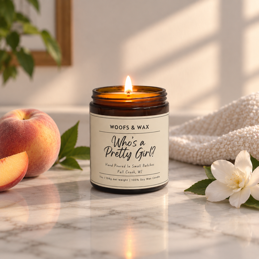An amber glass jar candle with a lit flame sits on a marble surface. The label reads 'WOOFS & WAX Who's a Pretty Girl?'.
