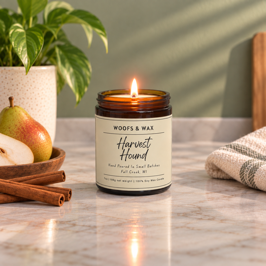 A lit amber glass jar candle labeled 'Woofs & Wax Harvest Hound' sits on a marble countertop with a pear, cinnamon sticks, a plant, and a folded towel nearby.