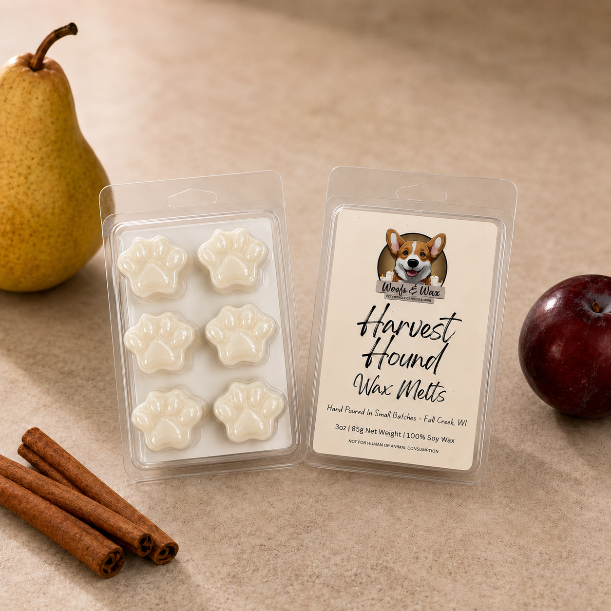 Wax melts labeled "Harvest Hound" with an image of a dog, with fruit and cinnamon in the background.