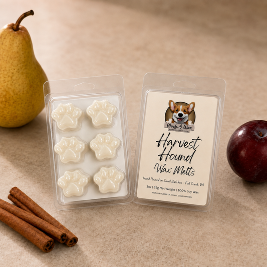 Wax melts labeled "Harvest Hound" with an image of a dog, with fruit and cinnamon in the background.