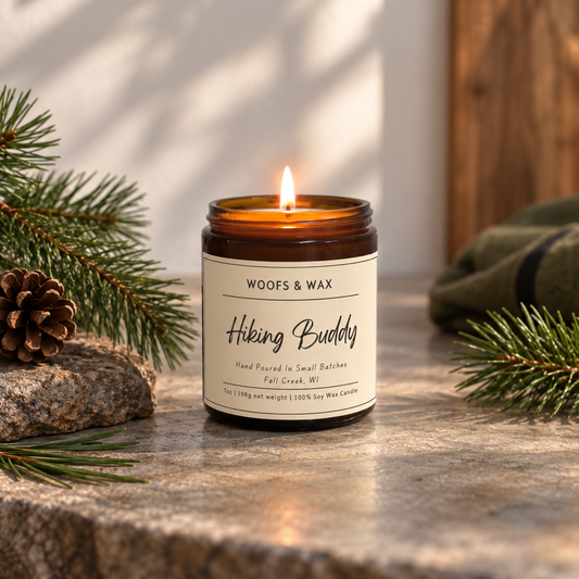 A lit amber glass jar candle with a cream label reading 'WOOFS & WAX Hiking Buddy' sits on a stone surface outdoors, surrounded by pine branches, a pinecone, and a folded green cloth.