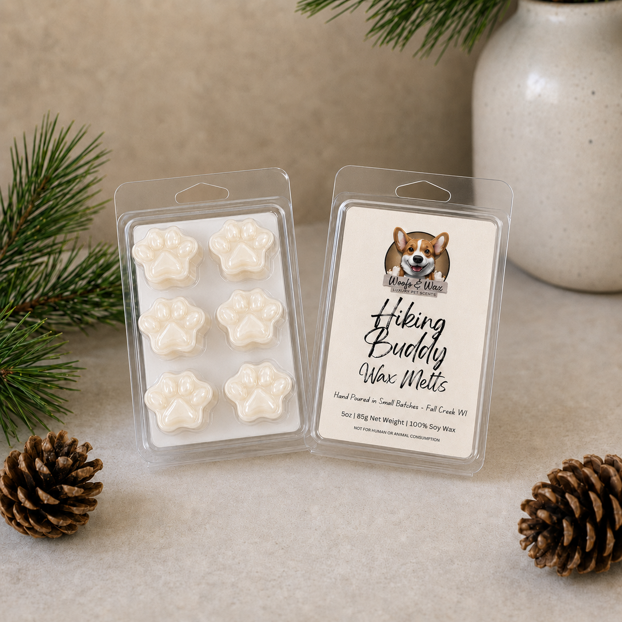 Hiking Buddy wax melts with image of a dog and pine cones.