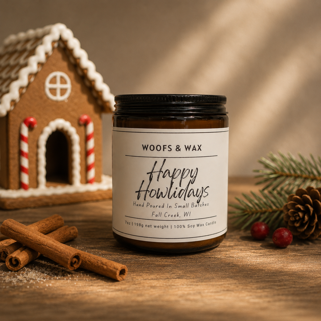 Candle jar labeled 'Woofs & Wax Happy Howlidays' with a gingerbread house, cinnamon sticks, and pine branches on a wooden surface.