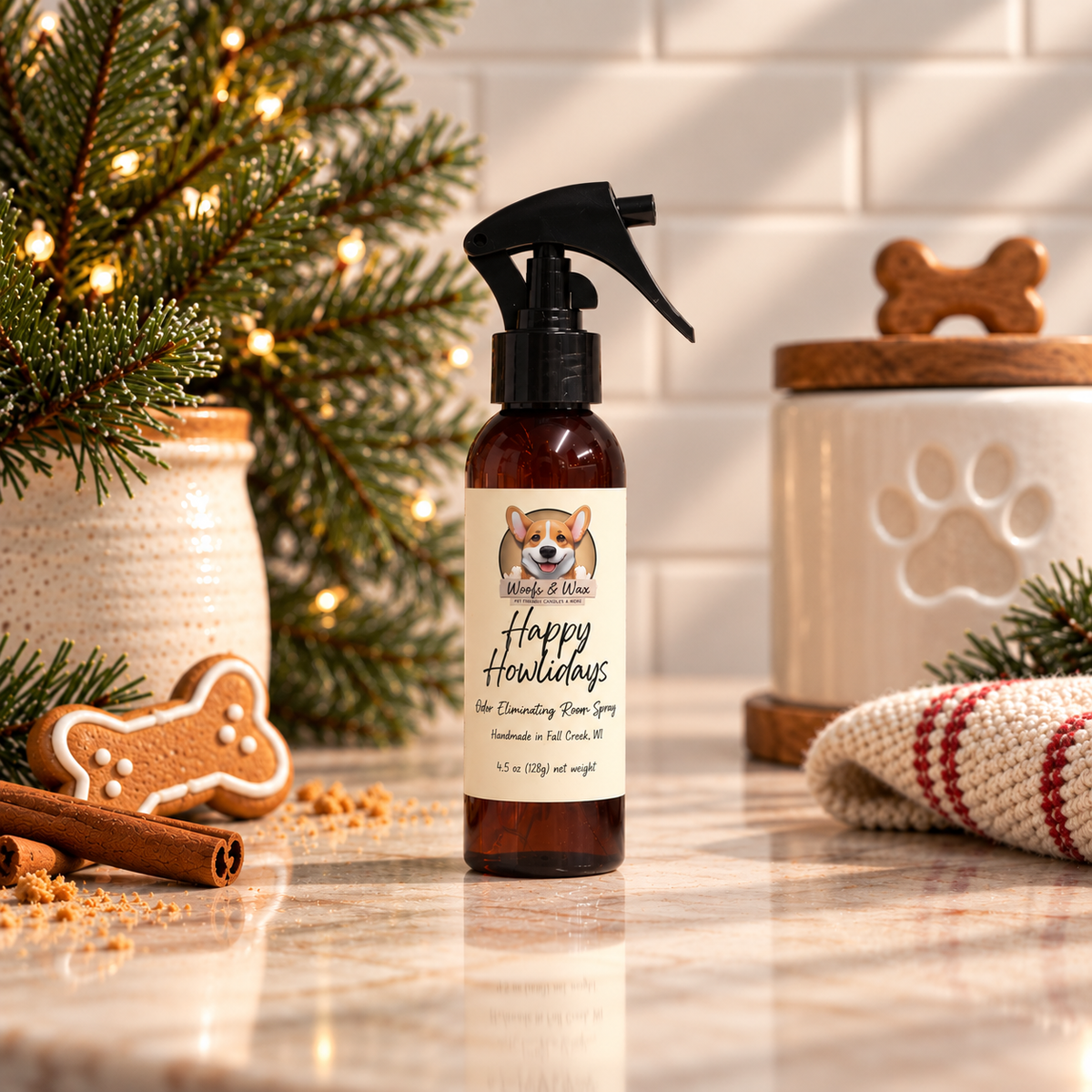 A brown spray bottle labeled 'Happy Howlidays' room spray stands on a marble countertop in a holiday kitchen scene with a Christmas tree, cookie decorations, and a ceramic canister in the background.