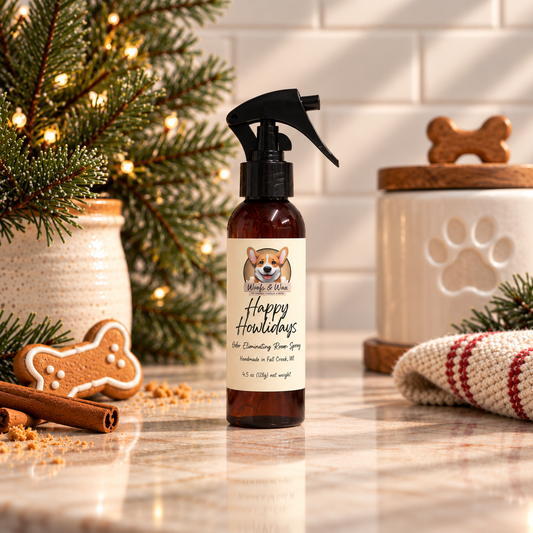 A brown spray bottle labeled 'Happy Howlidays' room spray stands on a marble countertop in a holiday kitchen scene with a Christmas tree, cookie decorations, and a ceramic canister in the background.