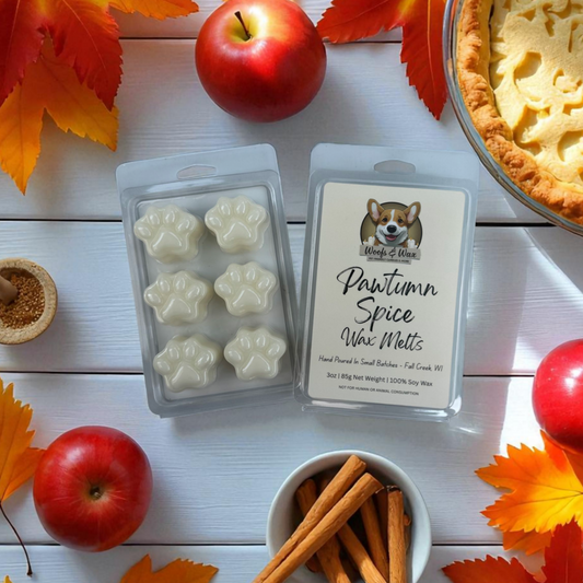Pawtumn Spice wax melts with fall-themed items on a white surface