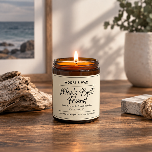 A lit amber candle jar with a label "Woofs & Wax Man's Best Friend" on a wooden table with a plant and a piece of wood.