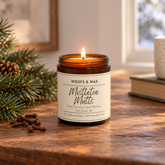 A lit amber glass jar candle labeled 'Woofs & Wax Mistletoe Muttts' sits on a wooden table with pine branches, cloves, and a book in a softly blurred indoor setting.