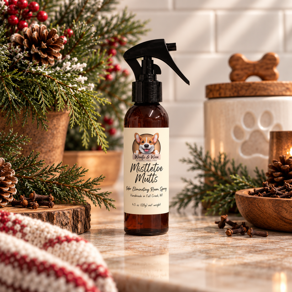 A bottle of Mistletoe Mutts room spray stands on a countertop in a warm, rustic holiday setting with pine branches, pinecones, and cloves.