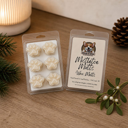 Mistletoe Mutts wax melts on a table with mistletoe and pine decor.