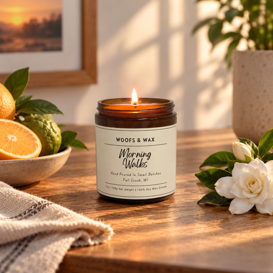 A lit amber candle jar on a wood table with fruit and flowers.