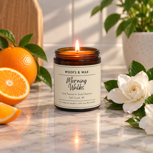 A lit amber glass jar candle labeled 'Woofs & Wax Morning Walks' sits on a marble surface, surrounded by oranges, white flowers, and a potted plant in a bright, styled setting.