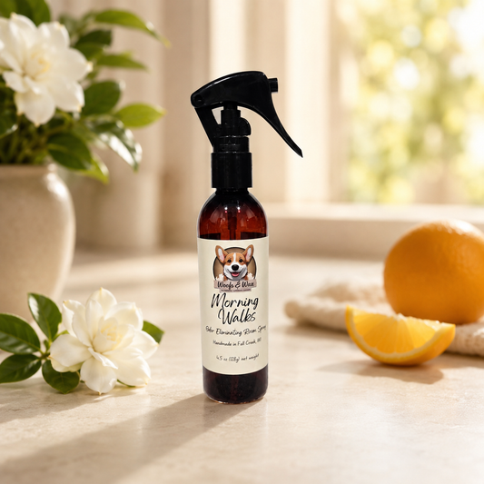 Spray bottle labeled 'Morning Walks' on a surface with flowers and oranges in the background