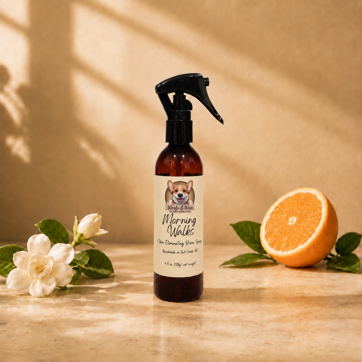 Bottle of 'Morning Walks' room spray with flowers and an orange on a wooden surface.