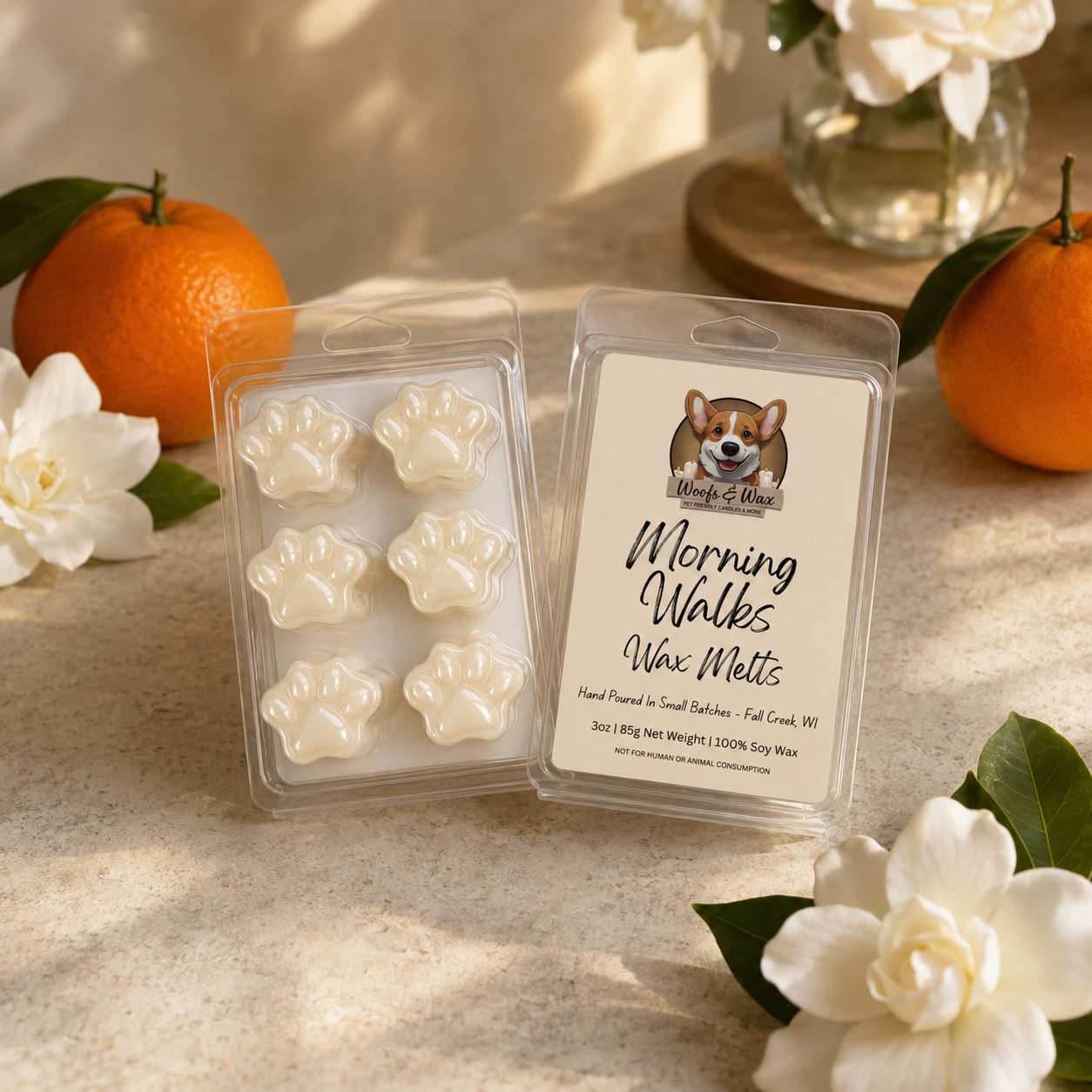 Morning Walks wax melts with a dog-themed label on a surface with flowers and oranges.