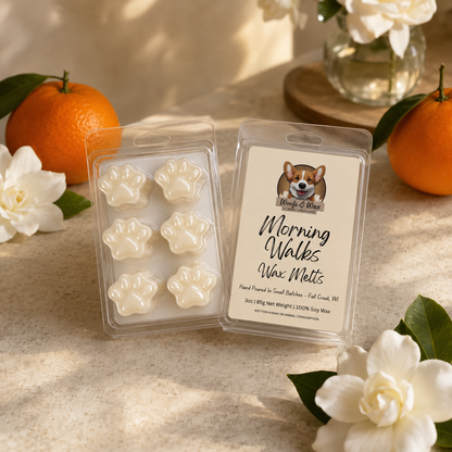 Morning Walks wax melts with a dog-themed label on a surface with flowers and oranges.